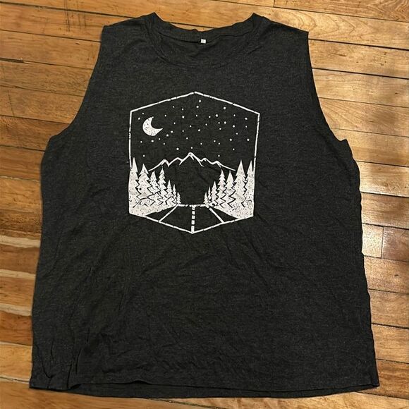 Tops - Women’s Dark Charcoal Gray Sleeveless Tank Top with mountain highway 2XL